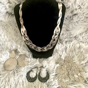 Silver Necklace and 3 pair of earrings